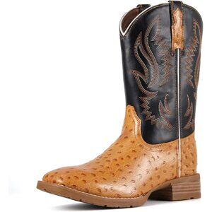Men‘s Tan Leather Cowboy Ostrich Patter Square Toe Embroidery Western Boots